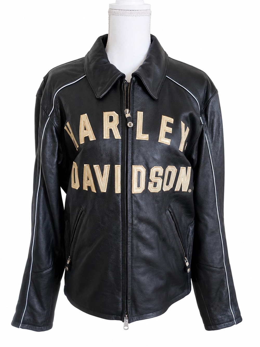 Harley-Davidson Black Leather Bomber Jacket with Tan Lettering